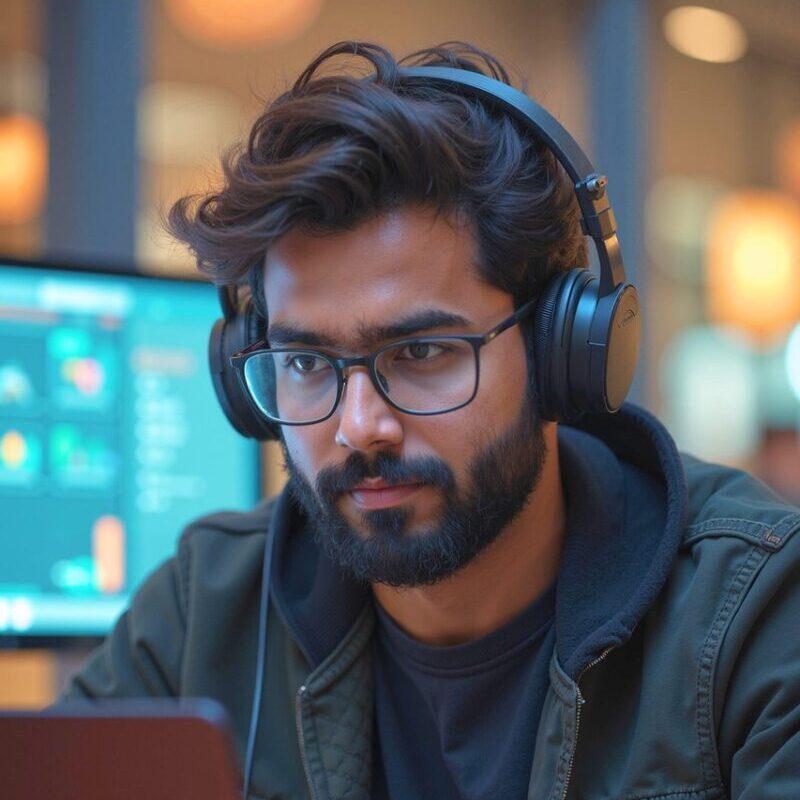 Image of a smart Indian teen programmer wearing glasses, expert in digital technology